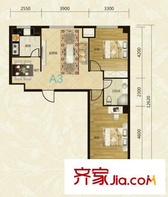 逸景陽(yáng)光2#樓標(biāo)準(zhǔn)層A3戶型 2室2廳1衛(wèi)1廚