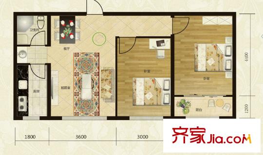 逸景陽(yáng)光1#樓標(biāo)準(zhǔn)層C戶型 2室2廳1衛(wèi)1廚