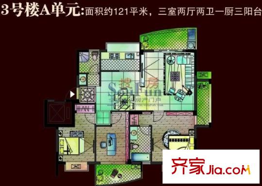 祥泰好第坊戶型圖3#A戶型 3室2廳2衛(wèi)1廚