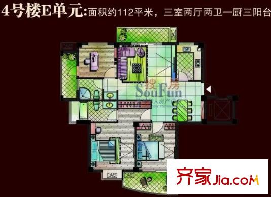 祥泰好第坊戶型圖4#E戶型 3室2廳2衛(wèi)1廚