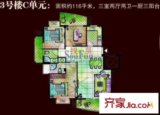 祥泰好第坊戶型圖3#C戶型 3室2廳2衛(wèi)1廚