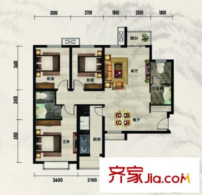 左岸景林二期長虹苑5、6、9、16號(hào)樓標(biāo)準(zhǔn)層A1-2戶型 3室2廳2衛(wèi)1廚