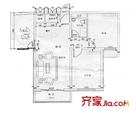 盛安金景1號樓B-2戶型 2室2廳1衛(wèi)1廚