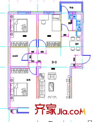 盛安金景7號樓D-3戶型 3室2廳1衛(wèi)1廚