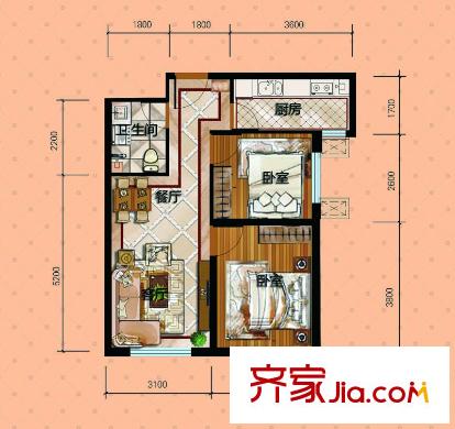 七星印象1#住宅樓標準層B戶型 2室2廳1衛(wèi)1廚