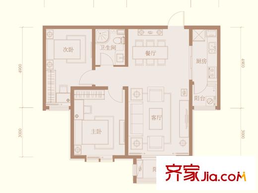 紫金御苑1#樓標準層A2-a戶型 2室2廳1衛(wèi)1廚