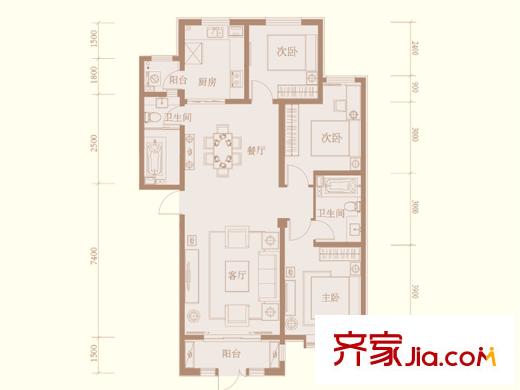 紫金御苑1#樓標準層A3-a戶型 3室2廳2衛(wèi)1廚