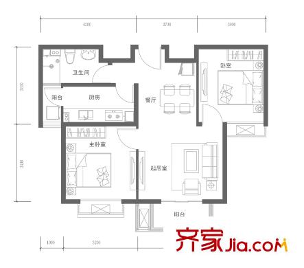 浩友鳳凰城101#C戶型 2室2廳1衛(wèi)1廚