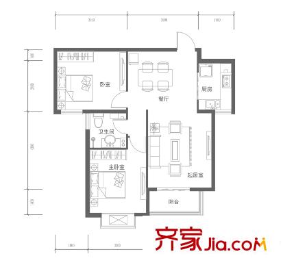 浩友鳳凰城103#E戶型 2室2廳1衛(wèi)1廚