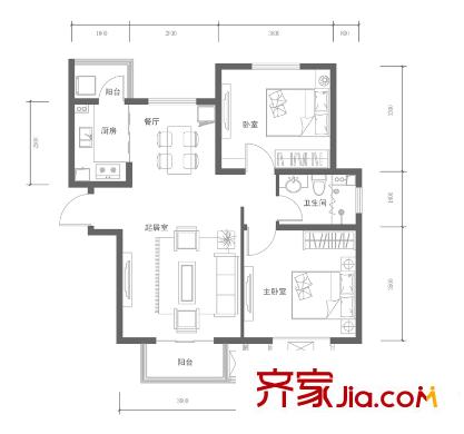 浩友鳳凰城108#B戶型 2室2廳1衛(wèi)1廚