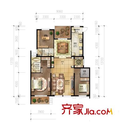 金隅樂府洋房A1#―A12#樓標(biāo)準(zhǔn)層B戶型 3室2廳2衛(wèi)1廚
