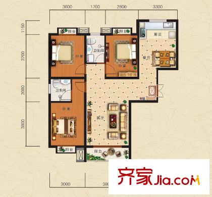 龍澤國際8#12#樓標(biāo)準層A-1戶型 3室2廳2衛(wèi)1廚