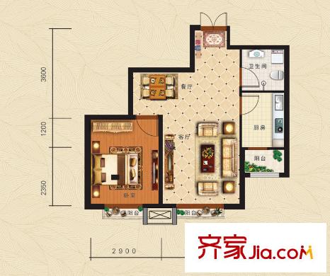 龍澤國際3#5#7#9#樓標(biāo)準層E-2戶型 1室2廳1衛(wèi)1廚