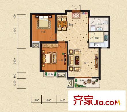 龍澤國際1#2#6#10#11#樓標(biāo)準層C-2戶型 2室2廳1衛(wèi)1廚