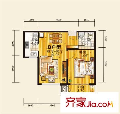 華北家園1號樓標準層B戶型 1室2廳1衛(wèi)1廚