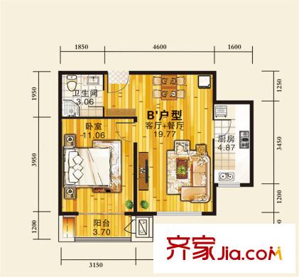 華北家園1號樓標準層B'戶型 1室2廳1衛(wèi)1廚