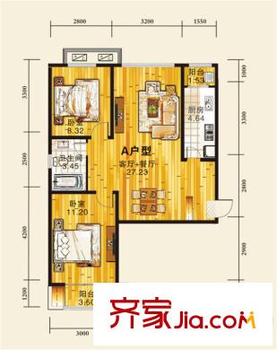 華北家園1號樓標準層A戶型 2室2廳1衛(wèi)1廚