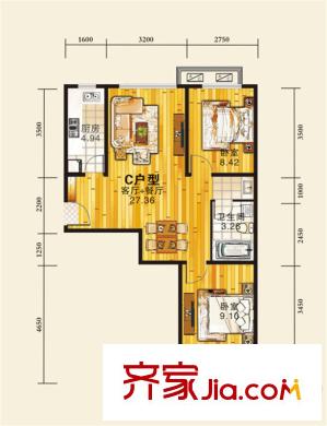 華北家園1號樓標準層C戶型 2室2廳1衛(wèi)1廚