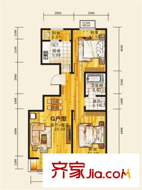 華北家園3、4號(hào)樓標(biāo)準(zhǔn)層G戶型 2室2廳1衛(wèi)1廚