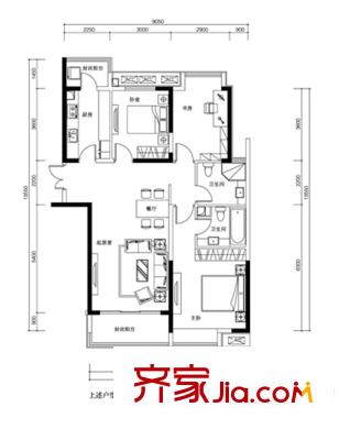 唐山雅頌居9#樓標準層E戶型 3室2廳2衛(wèi)1廚