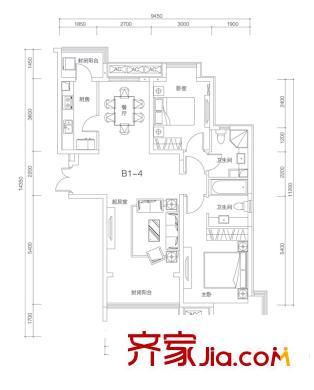 唐山雅頌居11#樓標準層B1-4戶型 2室2廳2衛(wèi)1廚