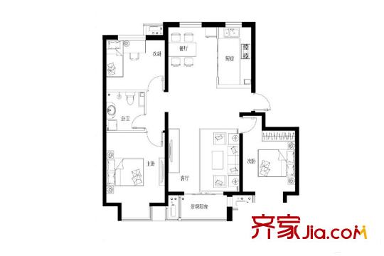 津西東湖灣c3號樓c戶型 3室2廳1衛(wèi)1廚