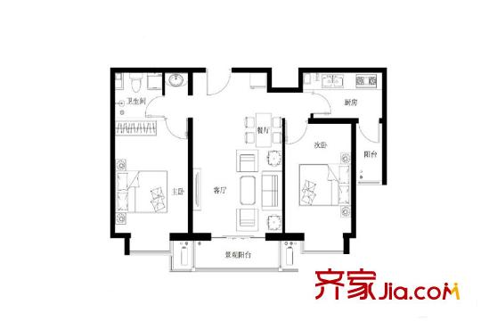 津西東湖灣c4號樓b戶型 2室2廳1衛(wèi)1廚