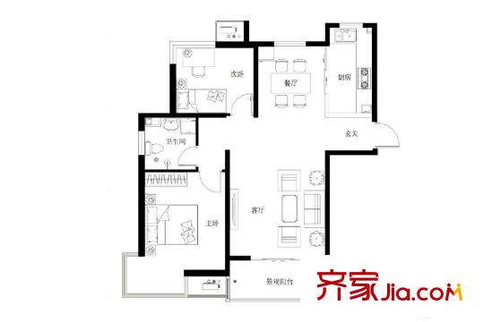 津西東湖灣c4號樓a戶型 2室2廳1衛(wèi)1廚