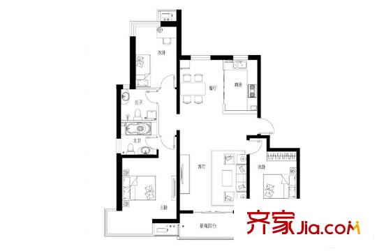 津西東湖灣c3號樓a戶型 3室2廳2衛(wèi)1廚