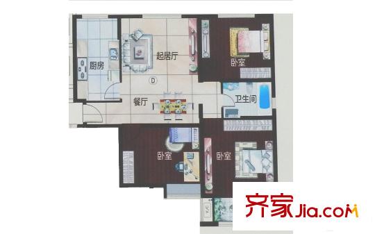 依水名園2號樓D戶型 3室2廳1衛(wèi)1廚