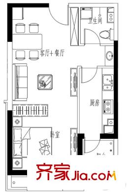 唐門一品 觀瀾223#樓標準層58.08戶型 1室2廳1衛(wèi)1廚