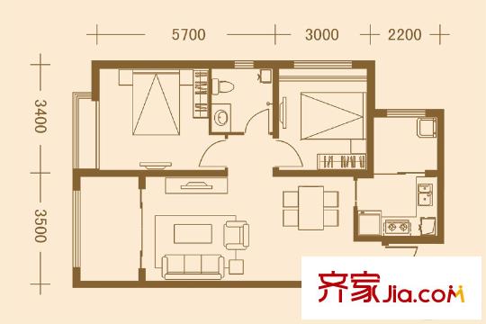 鳳城國貿北區(qū)6#1戶型 2室2廳1衛(wèi)1廚