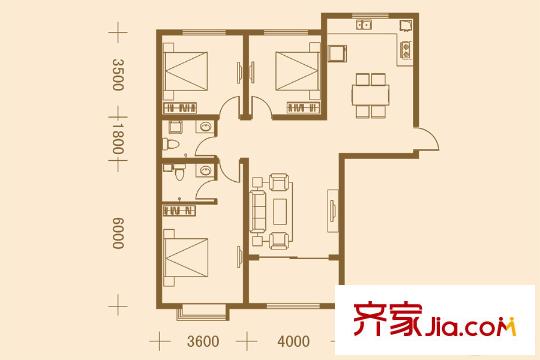 鳳城國貿(mào)北區(qū)5#A1戶型 3室2廳2衛(wèi)1廚