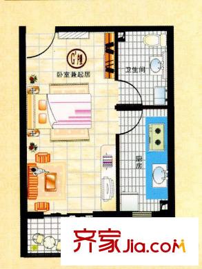 鳳城盛世104、107、110、111號(hào)樓G戶型41平米 1室2廳1衛(wèi)1廚