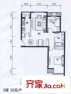 寶龍花苑D座標(biāo)準(zhǔn)層D2反戶(hù)型 2室2廳1衛(wèi)1廚