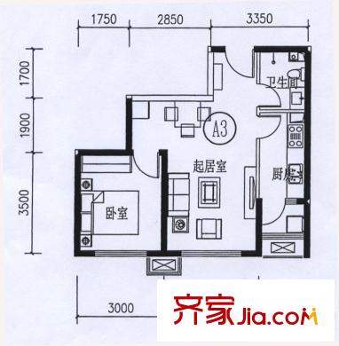 寶龍花苑A座標(biāo)準(zhǔn)層A3戶(hù)型 1室2廳1衛(wèi)1廚