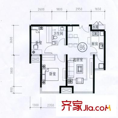 寶龍花苑B座標(biāo)準(zhǔn)層B6戶(hù)型 2室2廳1衛(wèi)1廚