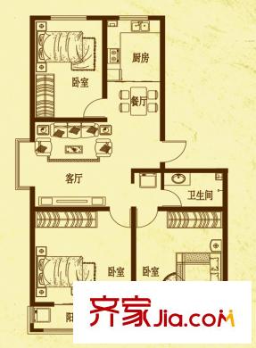 麗景盛園一期1、2、3號(hào)樓D戶型 3室2廳1衛(wèi)1廚