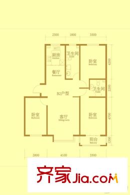 麗景盛園二期4-9棟樓標(biāo)準(zhǔn)層B2戶型 3室2廳2衛(wèi)1廚