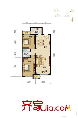 中建城三期402#J3'戶型 2室2廳1衛(wèi)1廚