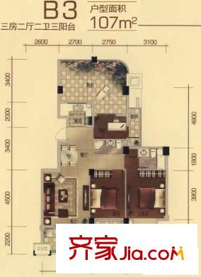 一號(hào)公館戶型圖B3戶型圖 3室2廳3衛(wèi)1廚