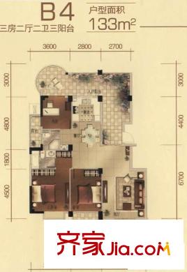 一號(hào)公館戶型圖B4戶型圖 3室2廳2衛(wèi)1廚