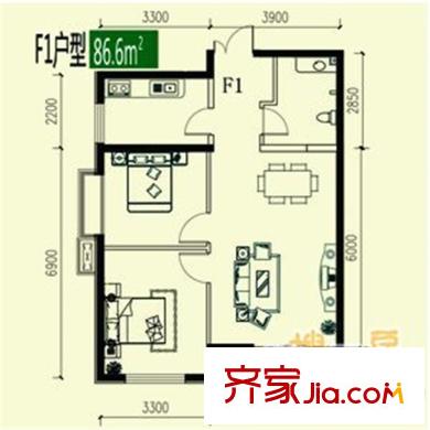 禾木花苑4#樓標(biāo)準(zhǔn)層F1戶型 2室2廳1衛(wèi)1廚