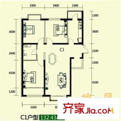 禾木花苑2#樓標(biāo)準(zhǔn)層C1戶型 3室2廳1衛(wèi)1廚