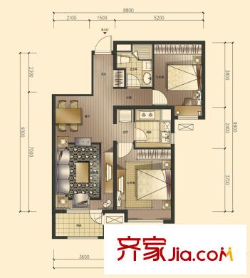 萬科金域華府戶型圖一期華府名軒戶型 2室2廳1衛(wèi)1廚