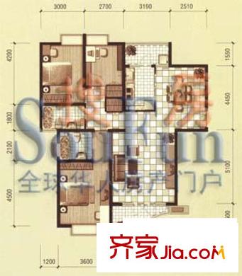麗景琴園戶型圖T/W座A戶型 3室2廳2衛(wèi)1廚