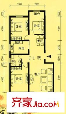 碧玉華府戶型圖J-1戶型 3室2廳1衛(wèi)1廚