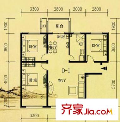 碧玉華府戶型圖D-1戶型 3室2廳1衛(wèi)1廚