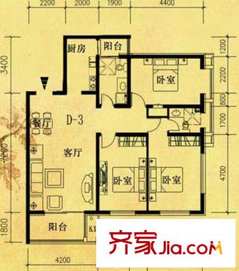 碧玉華府戶型圖D-3戶型 3室2廳2衛(wèi)1廚