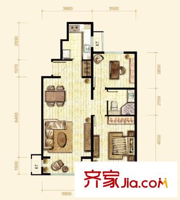 橡樹灣三期33、34、35、39#樓標(biāo)準(zhǔn)層G戶型 2室2廳1衛(wèi)1廚